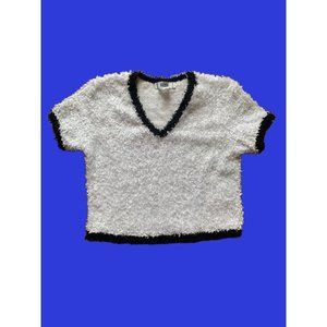 Vintage Obe Fluffy/Fuzzy White and Black Trimmed Cropped Shirt